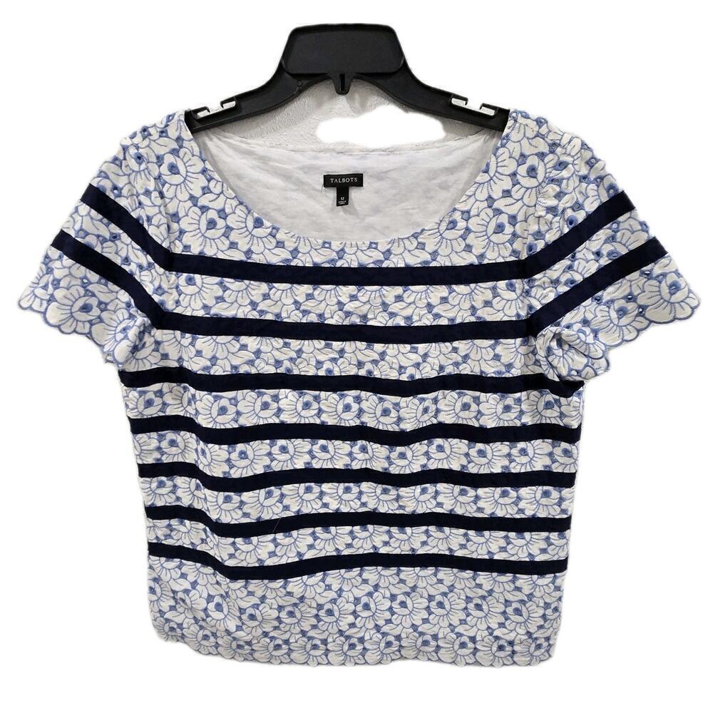 Talbots floral Blue White Embroidered Natical Style Cotton Top Size 12 Summer
